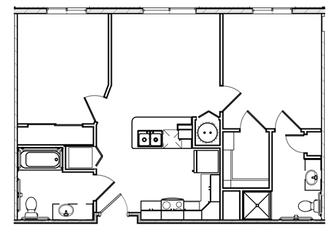 Floor plan for 2 beds, 2 baths, 827 sqft